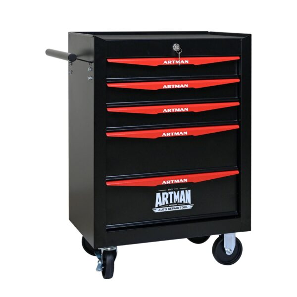 Rolling Metal Tool Chest With 5 Drawers, 20" Steel Storage Cabinet With Ball Bearing Slides - Black / Red