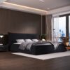 King Size Upholstered Platform Bed With Special Shaped Velvet Headboard, Metal & Solid Wood Frame - Black - Image 4