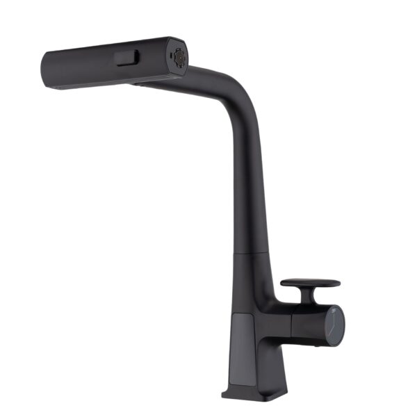 Modern Waterfall Kitchen Faucet With Temperature Display And Pull Down Sprayer, Zinc Construction - Matte Black