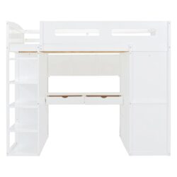 Full Size Loft Bed With Desk, Wardrobes, 4 Drawers And 4 Shelves - White