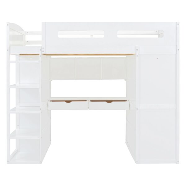 Full Size Loft Bed With Desk, Wardrobes, 4 Drawers And 4 Shelves - White