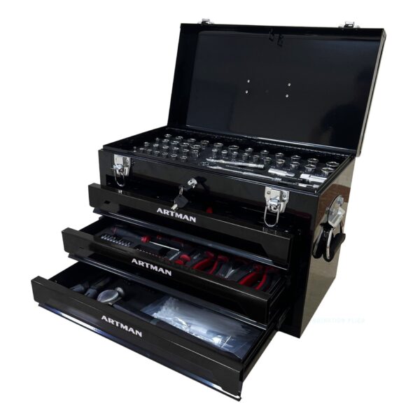 20'' Portable 3 Drawer Steel Toolbox, 4 Layers Of Tools With Metal Latches, With Top Storage Tray And Carrying Handle, Multi Function Tool Storage For Garage, Home, Or Workbench - Black