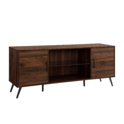 Mid-Century Modern 2 Door 60" TV Stand For 65" TVs With Glass Shelf - Dark Walnut