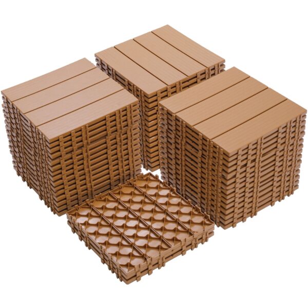 Plastic Interlocking Deck Tiles, (Set of 44), Patio Flooring Outdoor Waterproof All Weather Use For Garden Poolside Front / Back Yard - Burlywood