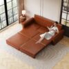 Pull Out Sofa Bed, 3 In 1 Faux Leather Convertible Sleeper Sofa With Nailhead Trim & Rolled Arm Multifunctional Sofa Bed For Living Room - Light Brown - Image 14