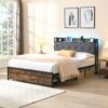Modern Queen Bed Frame With LED Lights, Storage Drawers, USB & Charging StationUpholstered Headboard, & Iron - Gray - Image 2
