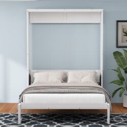 Queen Size Murphy Bed, Cabinet Bed Folding Wall Bed With Desk Combo Perfect For Guest Room, Study, Office - White