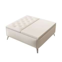 Modern Wood And Fabric Square Storage Ottoman Coffee Table With Lift - Top Design - Upholstered Bench For Living Room Organization - Beige
