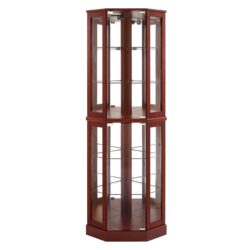 6 Shelf Corner Curio Display Cabinet With Lights, Mirrors And Adjustable Shelves (E26 Light Bulb Not Included) - Cherry