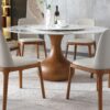 Round Modern Marble Dining Table With 4 Chairs - Walnut / White - Image 8