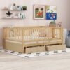 Full Size Daybed With Fence Guardrails And 2 Drawers, Split Into Independent Floor Bed & Daybed - Natural - Image 18