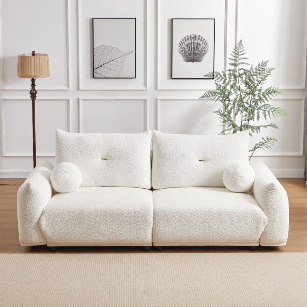 Lamb's Wool 2 Seater Cushion Sofa Comfortable Sofa For Living Room Bedroom And Other Casual Spaces Lamb's Wool Sofa With 2 Cushions And 2 Ball Pillows - White