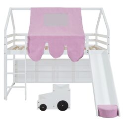 Full Size Loft Bed With House Shaped Frame And Tent - White / Pink