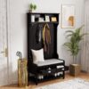 3 In 1 Wooden Hallway Hall Tree With Storage Drawers, Coat Rack, Shoe Rack Bench, And Cushion - Amber Graphite / Black - Image 17