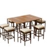 10 Piece Outdoor Acacia Wood Bar Height Table And 8 Stools With Cushions, Garden Wicker Dining Table, Foldable Tabletop, High Dining Bistro Set, All-Weather Patio Furniture - Brown - Image 21
