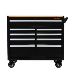 9 Drawer Multifunctional Steel Tool Cart With Wheels And Wooden Top - Black