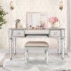 Mirrored Vanity Desk With Drawers And Stool, Flip Up Dressing Table Set For Makeup Room, And Glass Construction - Silver - Image 2