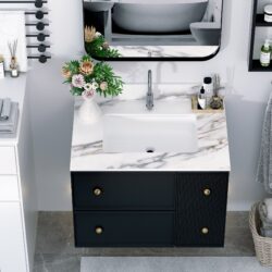 Elegant Vanity Top With Undermount Sink And Backsplash, Sintered Stone - Carrara White Marble