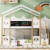 Twin Over Twin House Bunk Bed With White Storage Staircase And Blackboards - White - Image 15