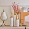 Floor Metal Vases Decorated White Metal Vases (Set of 3) Gorgeous Home Decoration Large Glazed Metal Vases - White / Gold - Image 15