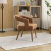 Wide Modern Barrel Open Back Upholstered Accent Chair With Weathered Solid Wood Legs Dining Chairs For Dining Room, Club, Kitchen And Living Room - Brown - Image 6