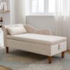 Chaise Lounge Indoor, Velvet Lounge Chair For Bedroom With Storage & Pillow, Modern Upholstered Rolled Arm Chase Lounge For Sleeping With Nailhead Trim For Living Room Bedroom Office - Beige - Image 2
