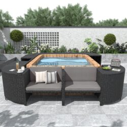 Spa Surround Spa Frame Quadrilateral Outdoor Rattan Sectional Sofa Set With Mini Sofa, Wooden Seats And Storage Spaces - Gray