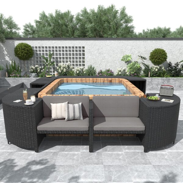 Spa Surround Spa Frame Quadrilateral Outdoor Rattan Sectional Sofa Set With Mini Sofa, Wooden Seats And Storage Spaces - Gray