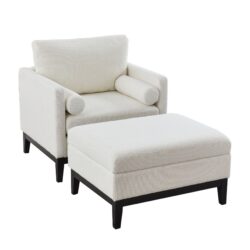Farmhouse Upholstered Accent Chair With Ottoman, Wood Base, Reversible Lid Coffee Table For Living Room Or Office - Ivory