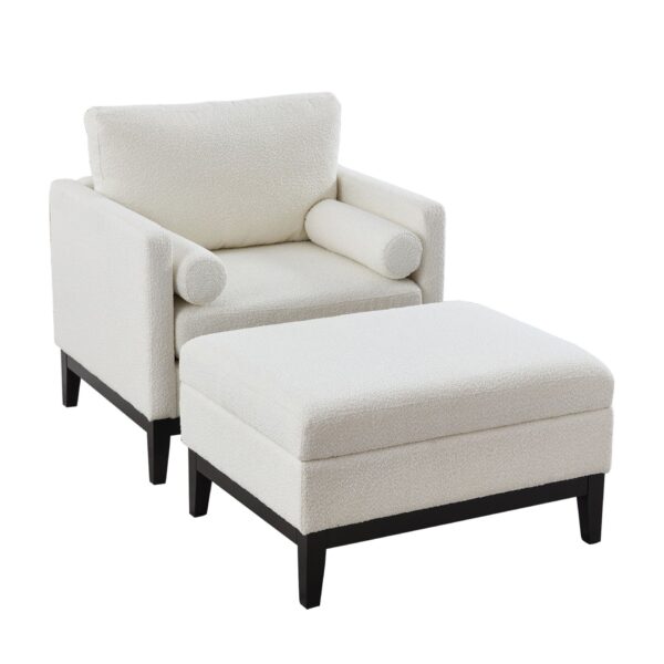 Farmhouse Upholstered Accent Chair With Ottoman, Wood Base, Reversible Lid Coffee Table For Living Room Or Office - Ivory