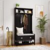 3 In 1 Wooden Hallway Hall Tree With Storage Drawers, Coat Rack, Shoe Rack Bench, And Cushion - Amber Graphite / Black - Image 2