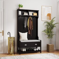 3 In 1 Wooden Hallway Hall Tree With Storage Drawers, Coat Rack, Shoe Rack Bench, And Cushion - Amber Graphite / Black