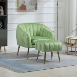 Velvet Accent Chair With Ottoman, Modern Tufted Barrel Chair Ottoman Set For Living Room Bedroom, Golden Finished - Grass Green