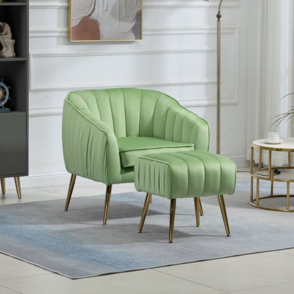 Velvet Accent Chair With Ottoman, Modern Tufted Barrel Chair Ottoman Set For Living Room Bedroom, Golden Finished - Grass Green
