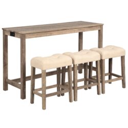 4 Piece Bar Table Set With Power Outlet, Dining Bar Table And Chairs Set, Bar Table Set With 3 Padded Stools For Living Room, Dining Room - Brown