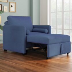 3 In 1 Convertible Sleeper Chair With Adjustable Backrest, Lounger Chair Turns Into Bed, Single Bed For Living Room, Velvet - Ink Blue
