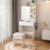 Space Saving Makeup Vanity Desk With Mirror & Adjustable Led Lights, Built-In Power Outlet, Hidden Storage, Includes Stool & Shelf - White - Image 8