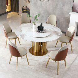 Round Stone Burning Table, Modern Marble Dining Table With 6 Chairs - Gold / White