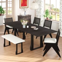 Modern 6 Piece Extendable Dining Table Set With 4 Wicker Back Upholstered Dining Chairs And Long Bench, 2 Removable Leaf - Espresso