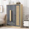 3 Doors Rattan Wardrobe Storage For Bedroom, With 2 Drawers - Gray / Nature - Image 11
