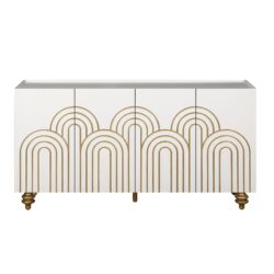 Modern Fluted Sideboard Buffet With Storage, Curve Element, 4 Doors With Adjustable Shelves - White