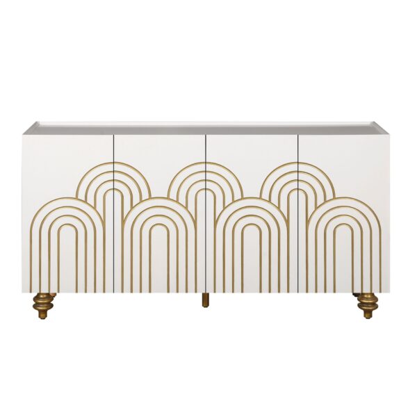 Modern Fluted Sideboard Buffet With Storage, Curve Element, 4 Doors With Adjustable Shelves - White