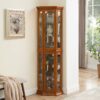 Corner Curio Cabinet With Lights, Adjustable Tempered Glass Shelves, Mirrored Back, Display Cabinet (E26 Light Bulb Not Included) - Oak - Image 5