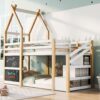 Twin Over Twin House Bunk Bed With White Storage Staircase And 2 Blackboards - White / Natural - Image 9