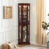 Corner Curio Cabinet With Lights, Adjustable Tempered Glass Shelves, Mirrored Back, Display Cabinet (E26 Light Bulb Not Included) - Cherry - Image 2