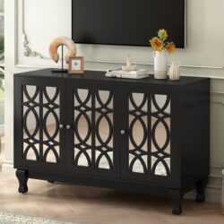 Modern Mirrored TV Stand For TV Up To 55", Entertainment Center Solid Wood Legs, Metal Handle And 3 Adjustable Shelves For Living Room - Black