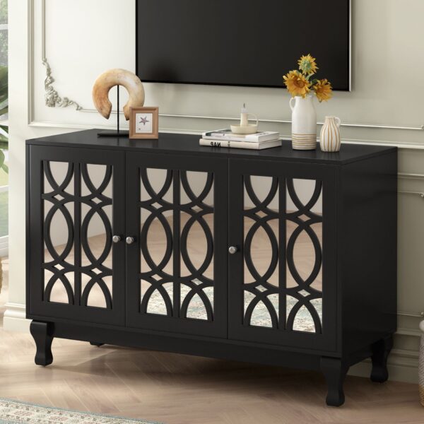 Modern Mirrored TV Stand For TV Up To 55", Entertainment Center Solid Wood Legs, Metal Handle And 3 Adjustable Shelves For Living Room - Black