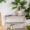 3 Tiered Wooden Shelving Unit With Ornate Iron Frame - Multicolor - Image 3