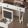Farmhouse Makeup Vanity Desk With Sliding Mirror, LED Lights, And Storage Glass, Metal, And Wood Construction - White - Image 6