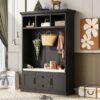 Hall Tree With 3 Hooks, Coat Hanger, Entryway Bench, Storage Bench, 3 In 1 Design, For Entrance, Hallway - Black - Image 4